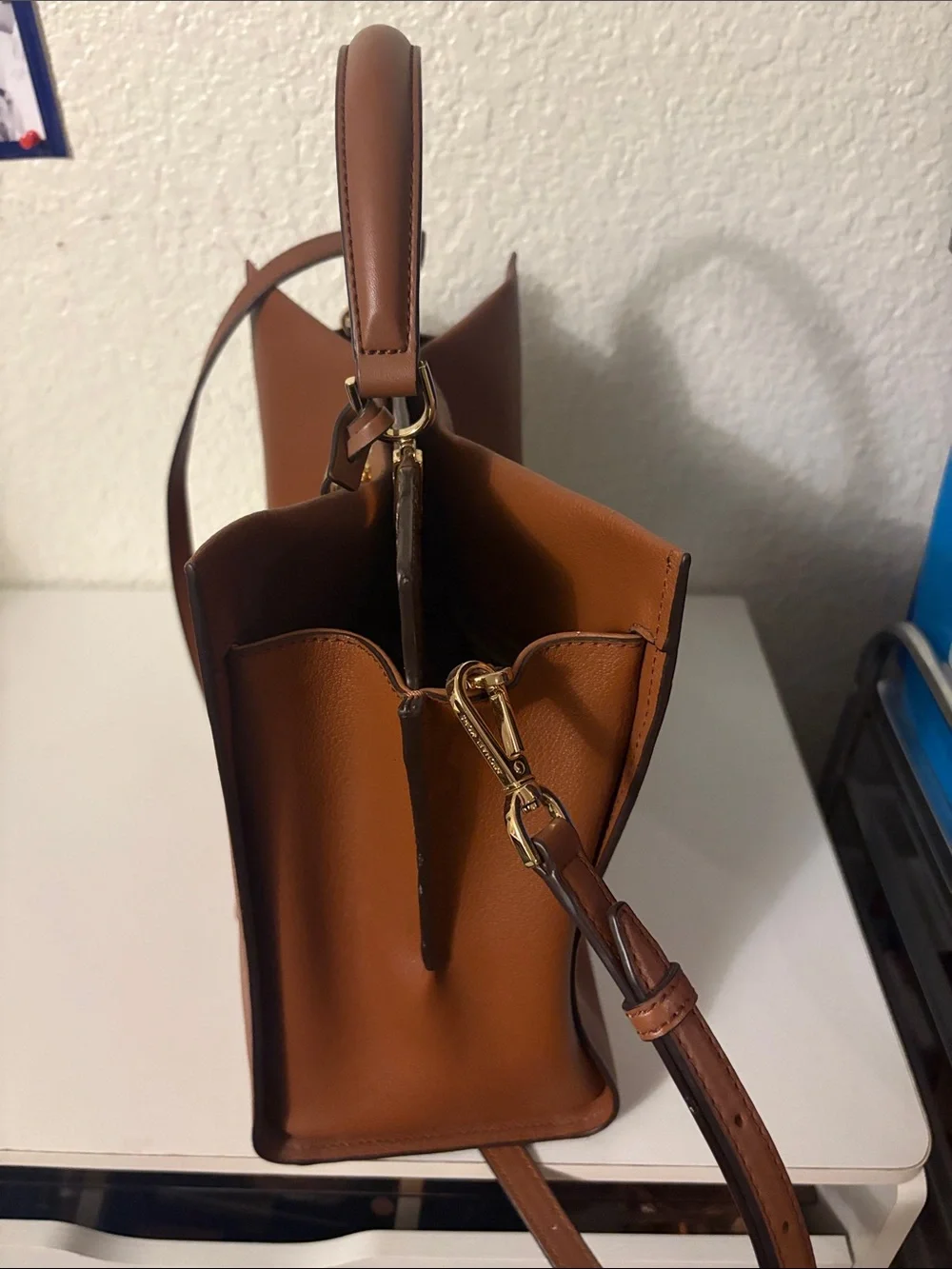 Michael Kors Tan Brown Leather Satchel with Snake-Print Trim
